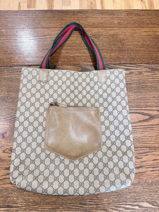Gucci Handbags - Gucci Beige GG Canvas Tote with Green-Red Web Handles